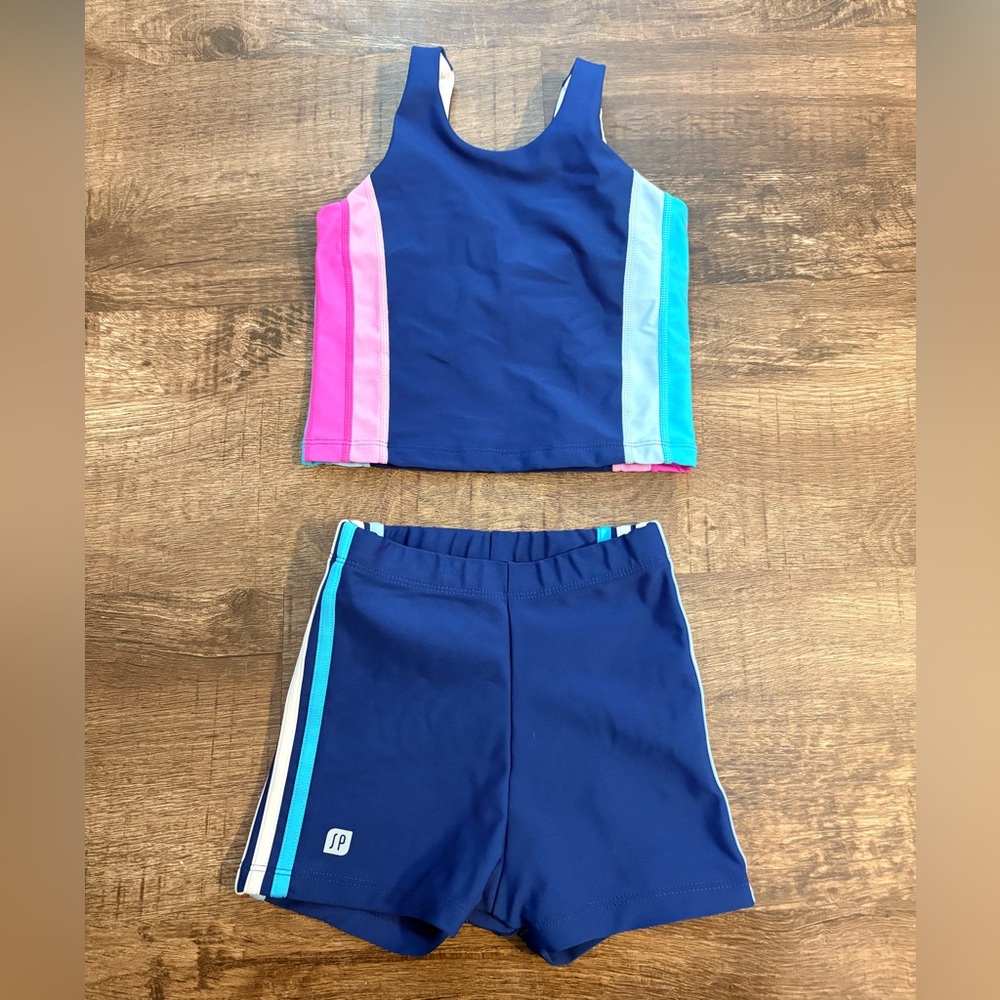 Sylvia P Girls Kids Navy Blue Matching Set with Pink and Blue Stripes Size 6 GUC